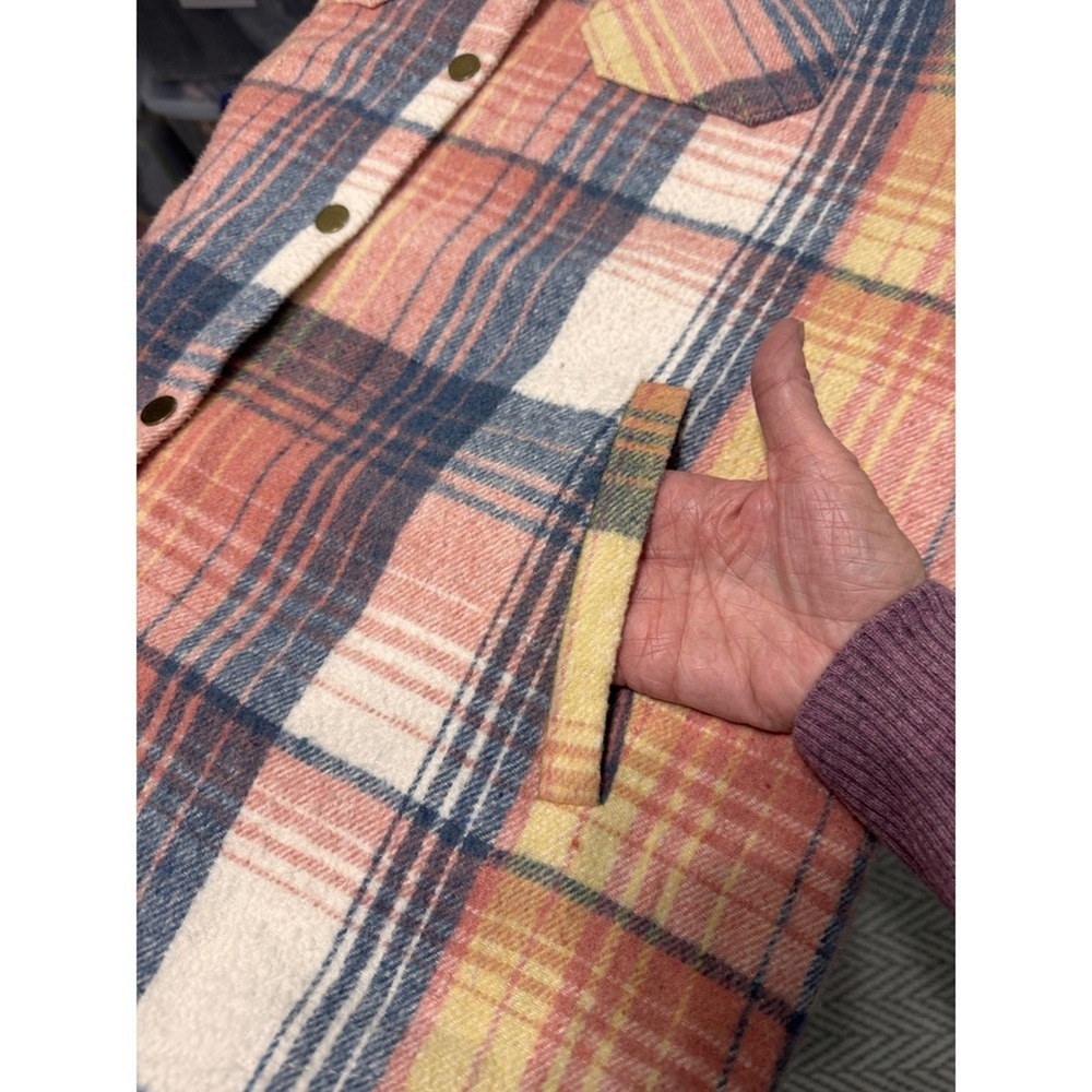 Womens Plaid Sherpa Lined Hooded Shacket Jacket Pink Blue Yellow Cream L - Picture 6 of 9